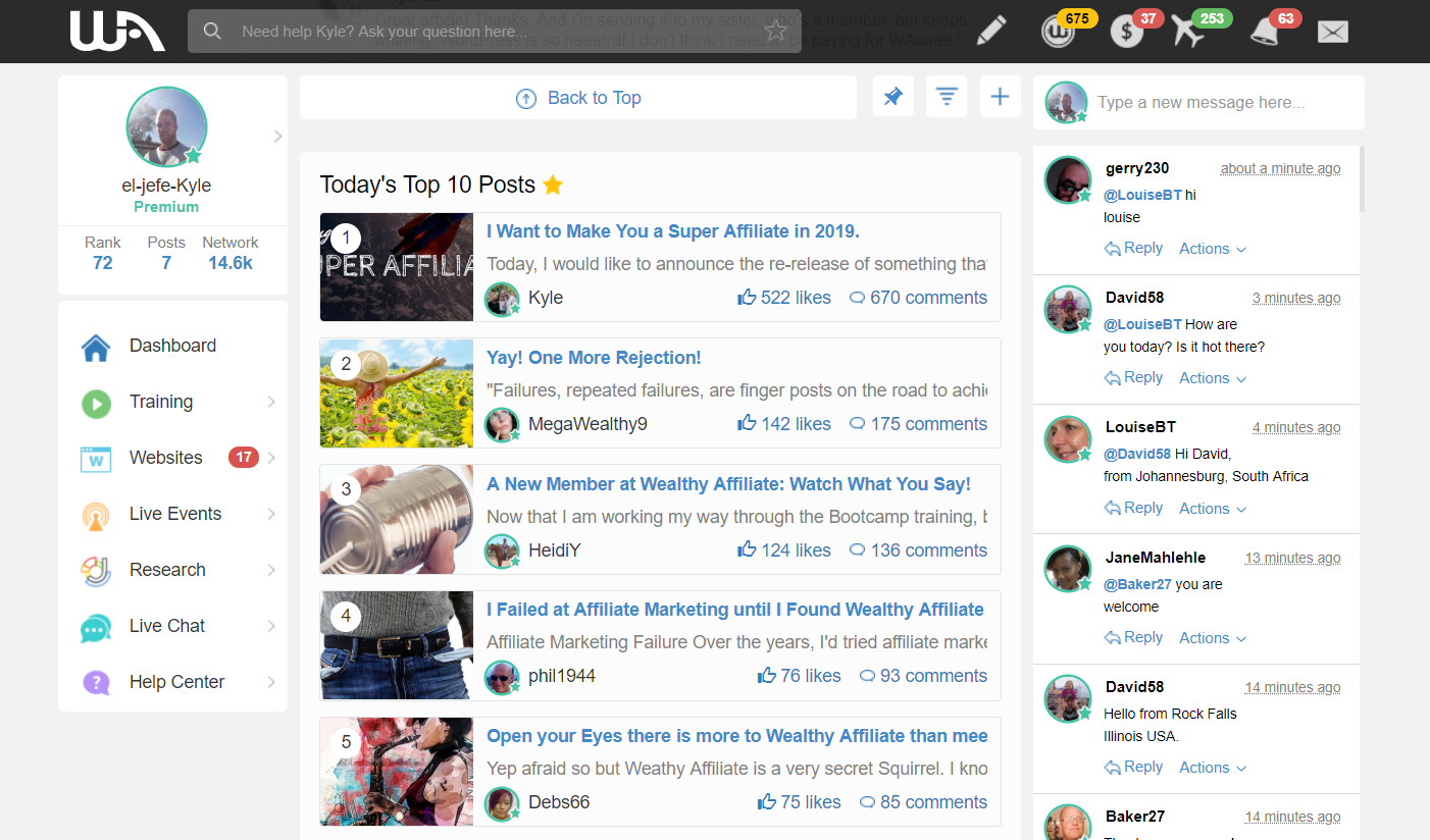 Wealthy Affiliate dashboard