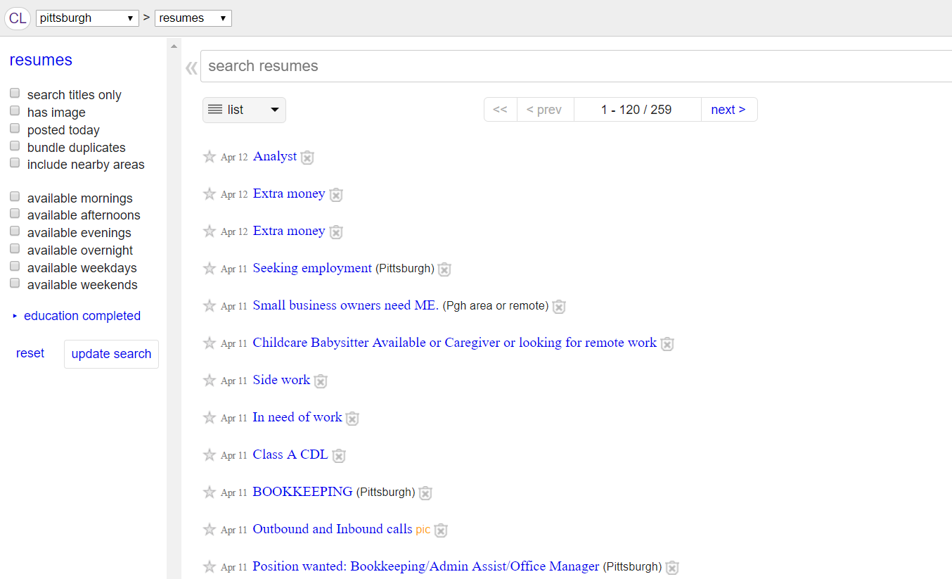 craigslist resumes